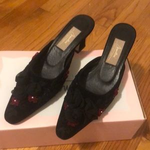 Black velvet embossed with burgundy pearls and embroidered special occasion